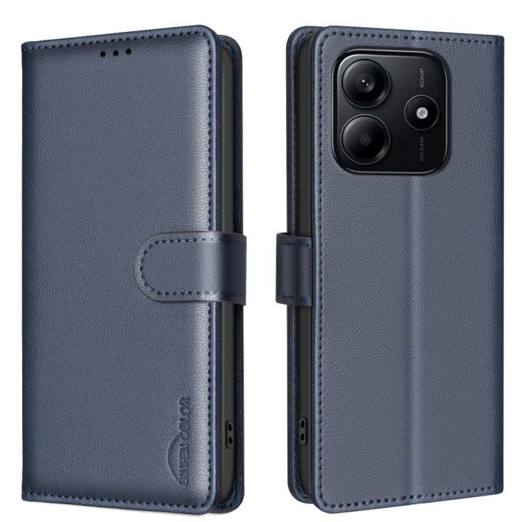 Litchi-textured leather phone case with flip strap closure and rear camera opening, blue