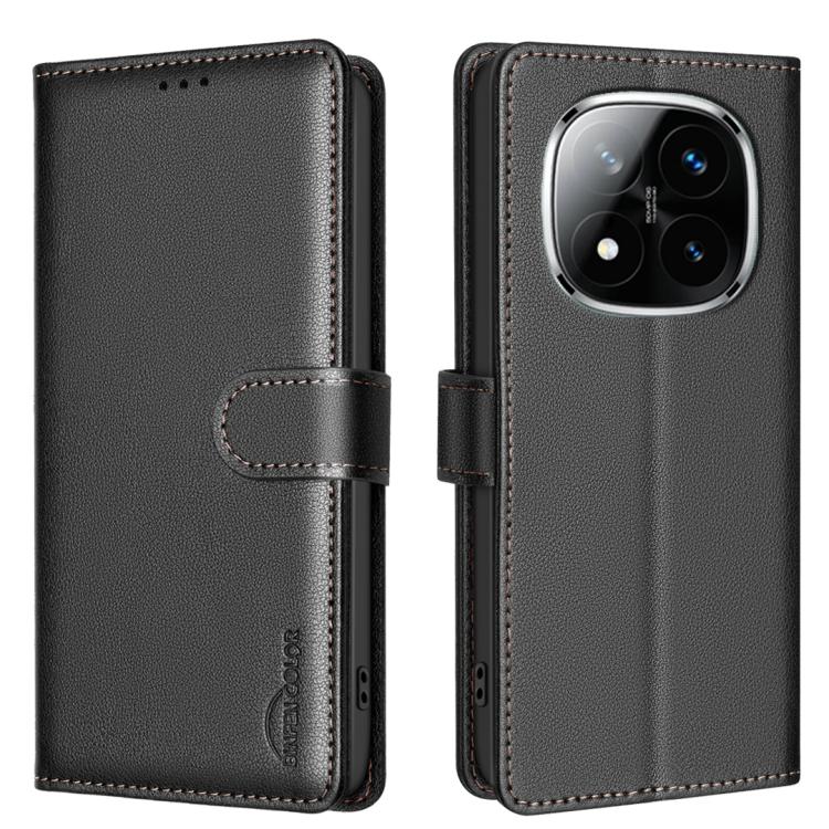 Black leather folio phone case with RFID anti-theft badge, flip strap, triple camera cutout