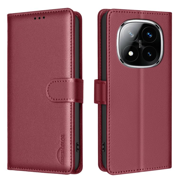 Red leather folio phone case with RFID anti-theft badge, flip strap, triple camera cutout