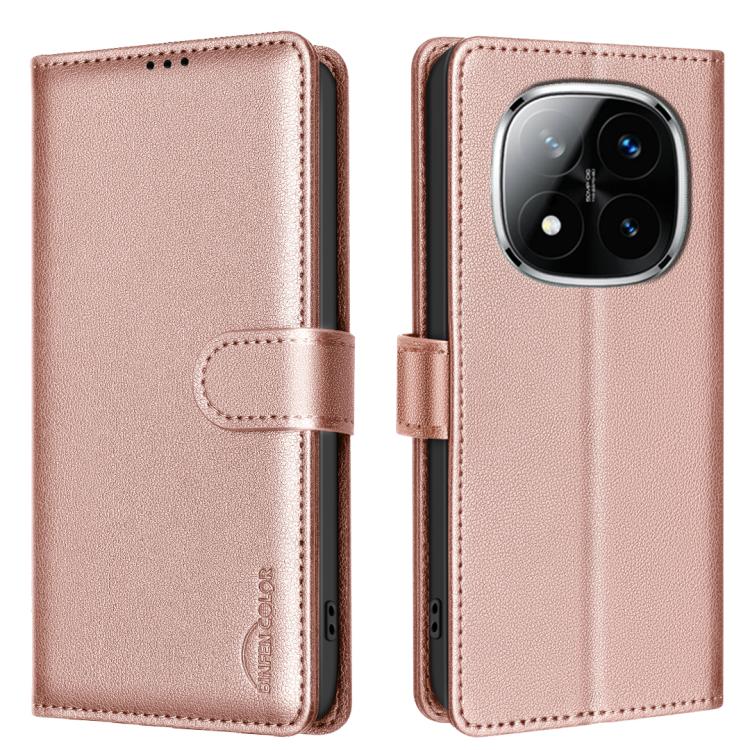 Rose gold leather folio phone case with RFID anti-theft badge, flip strap, triple camera cutout