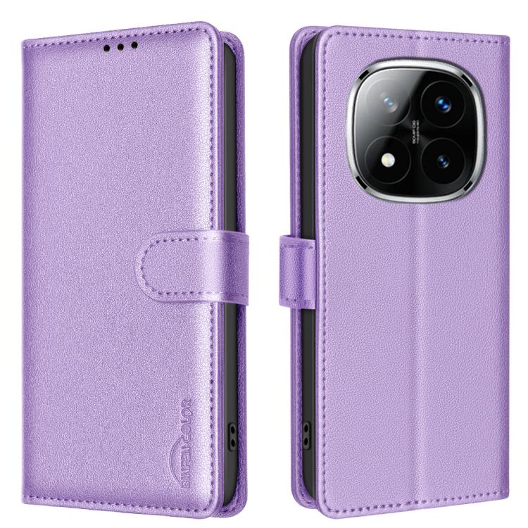 Purple leather folio phone case with RFID anti-theft badge, flip strap, dual camera cutout