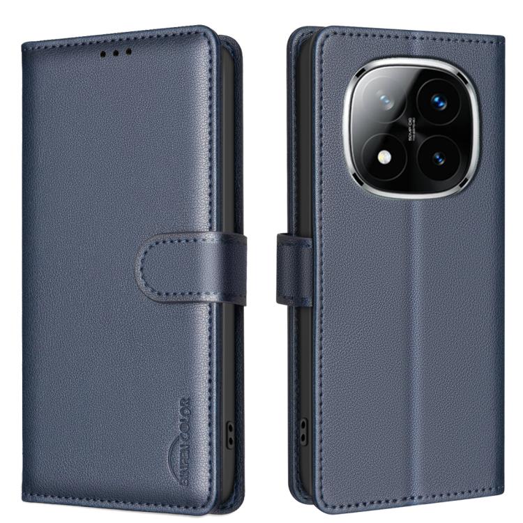 Litchi-textured folio phone case with magnetic strap and camera cutout, blue
