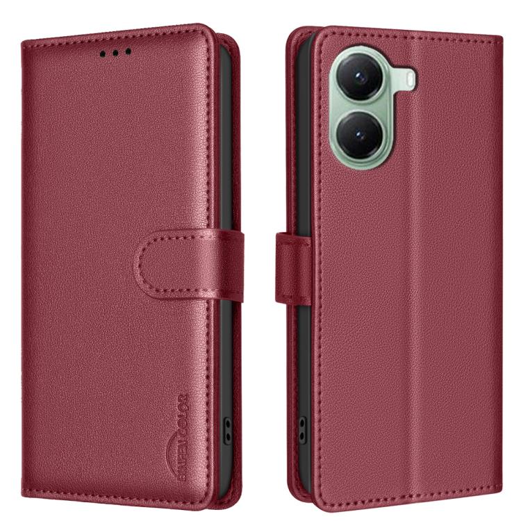 Red leather folio phone case with RFID anti-theft badge, flip strap, dual camera cutout