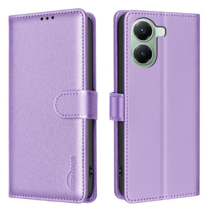Purple leather folio phone case with RFID anti-theft badge, flip strap, dual camera cutout
