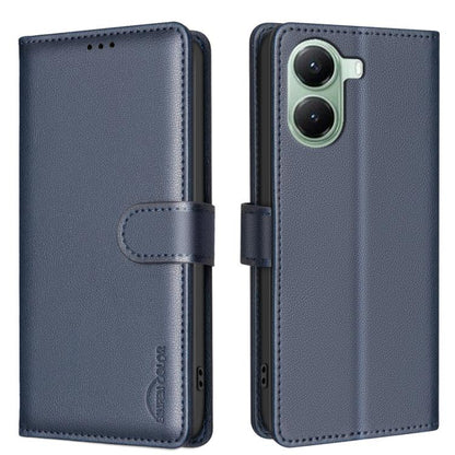 Dark blue leather folio phone case with RFID anti-theft badge, flip strap, dual camera cutout