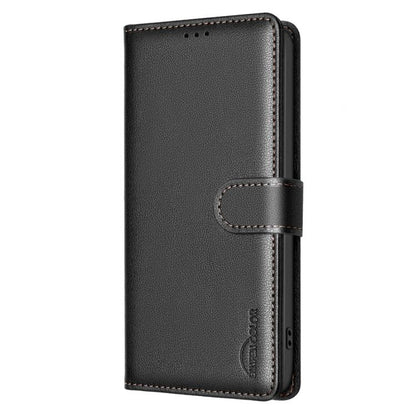 Black litchi-texture folio phone case with magnetic side flap and stitched edges