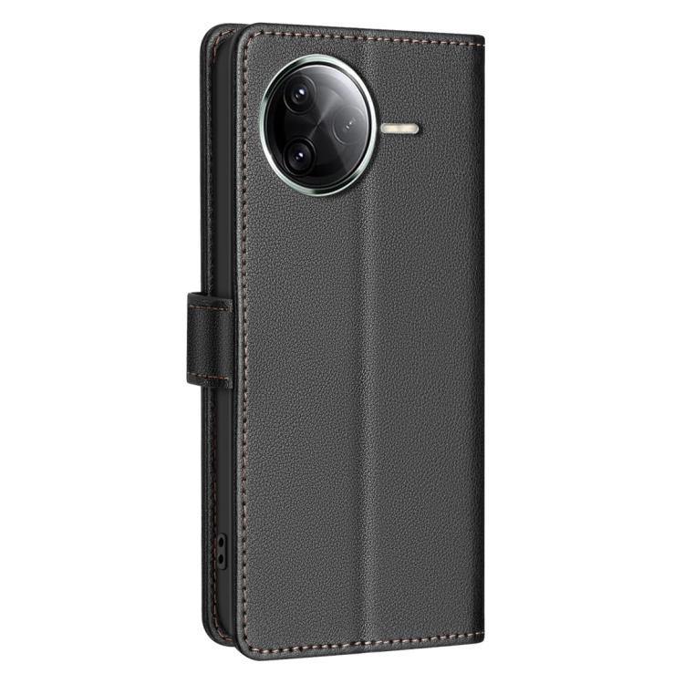Black litchi-texture flip phone case with rear camera cutout and side strap