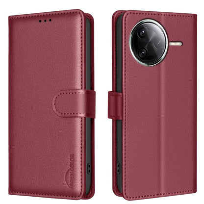 Red litchi-texture wallet phone case with magnetic flap and rear camera cutout