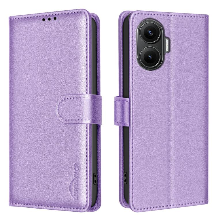 Purple textured leather phone folio case with side strap and dual camera cutout