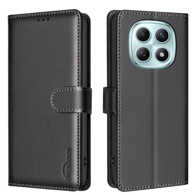 Black folio leather phone case with front strap and quad camera cutout