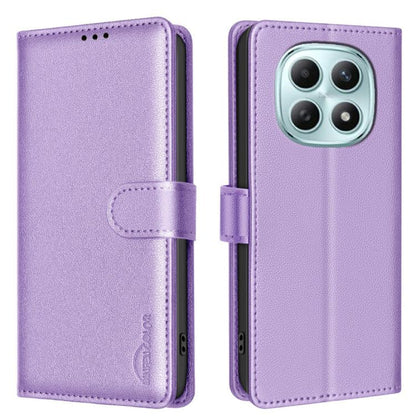 Purple folio leather phone case with front strap and quad camera cutout