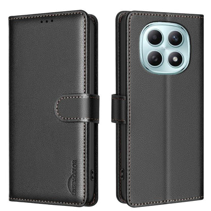 Black folio leather phone case with front strap and quad camera cutout