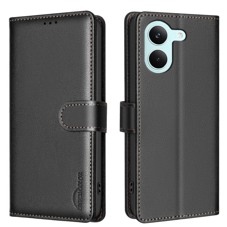 Black litchi-texture wallet phone case with fold-over strap and camera cutouts