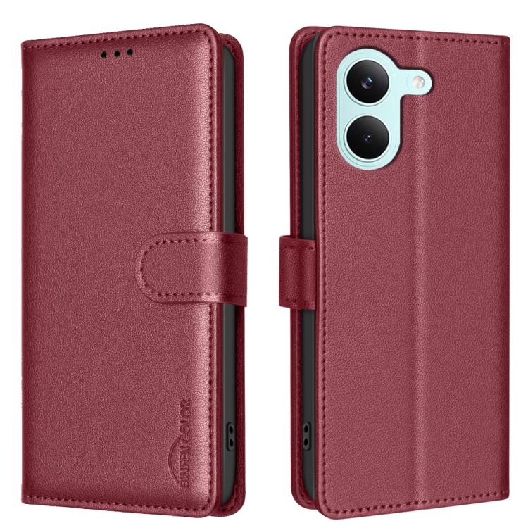 Burgundy litchi-texture wallet phone case with fold-over strap and camera cutouts