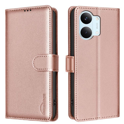 Light pink/gold litchi-textured leather folio phone case with flip cover and side strap, camera cutout