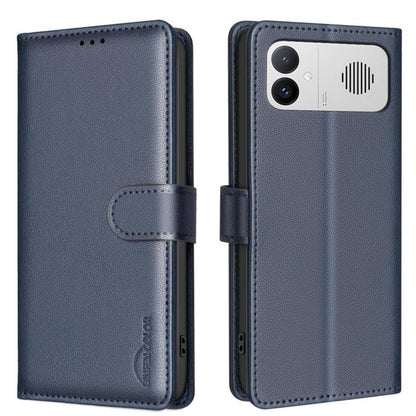 Dark blue textured leather-style phone wallet case with front flap and side magnetic strap