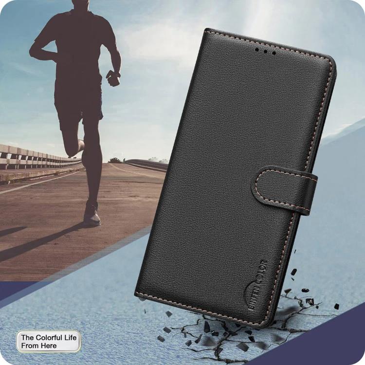 Black leather folio phone case with strap closure and flip cover