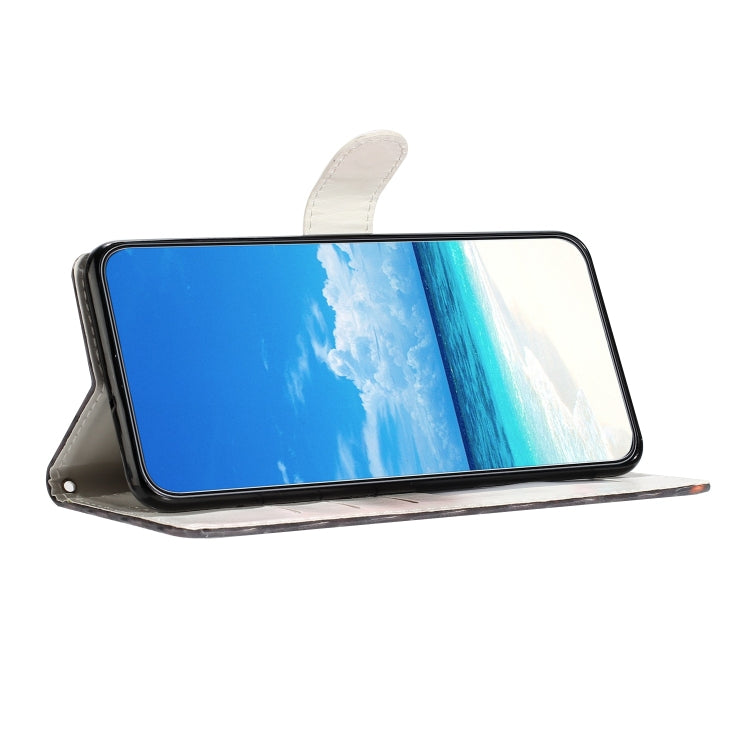 Folio leather phone case with wrist strap, light gray flap, phone held open