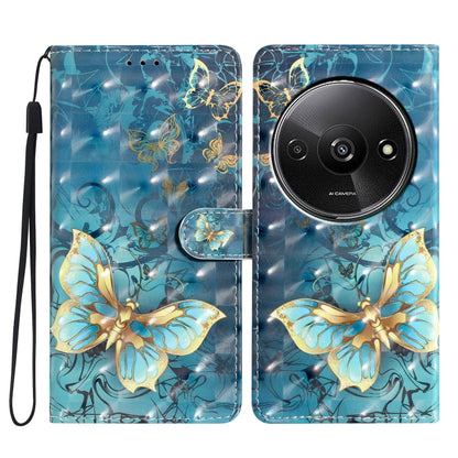 Leather phone case with wrist strap, blue base with gold butterfly pattern, camera cutout