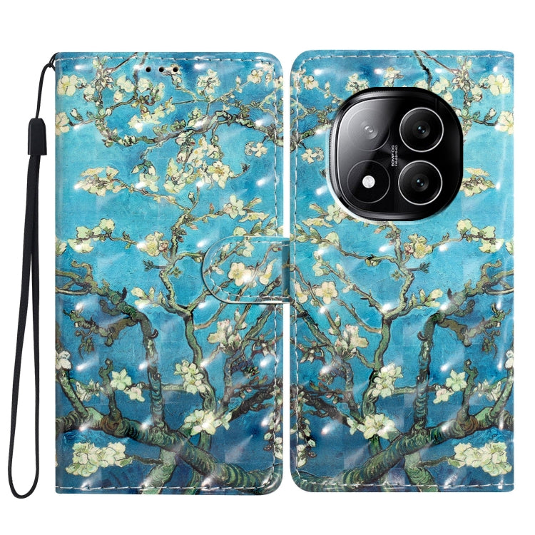 3D patterned leather phone case with blue blossom tree artwork and magnetic flip strap closure