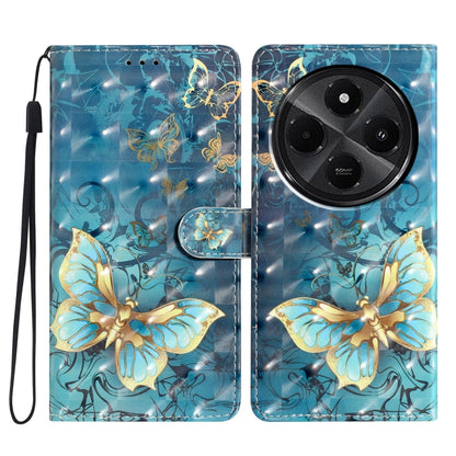 Wallet-style phone case with 3D gold butterfly design on blue, with wrist strap.