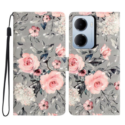 Wallet-style phone case with 3D pink rose floral pattern on gray, with wrist strap.