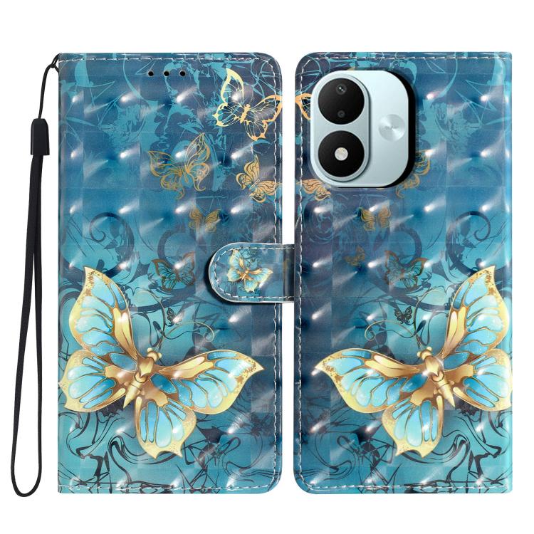 Blue leather wallet phone case with gold butterfly 3D design and wrist strap.