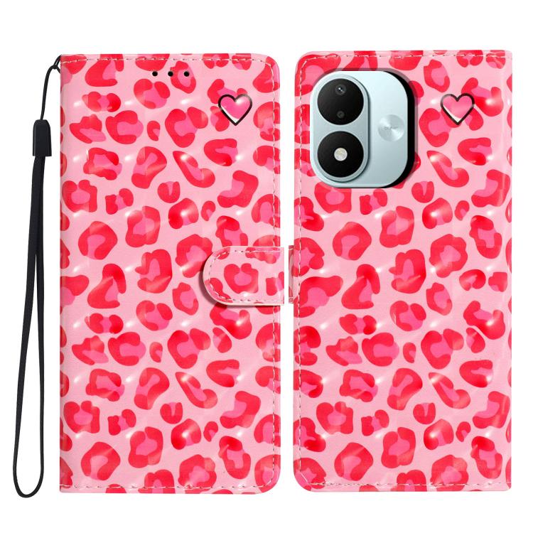 Pink leather wallet phone case with red heart pattern, wrist strap, and front clasp.