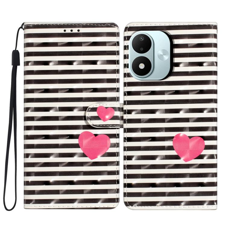 Striped leather wallet phone case with pink hearts and wrist strap, card window front.