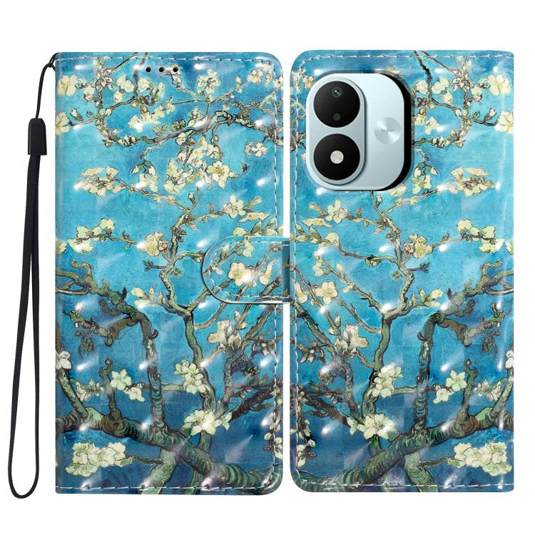 Leather-look phone case with 3D blue blossom tree pattern, magnetic snap, wrist lanyard strap