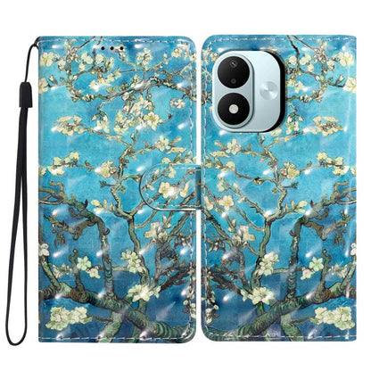 Leather-look phone case with 3D blue blossom tree pattern, magnetic snap, wrist lanyard strap