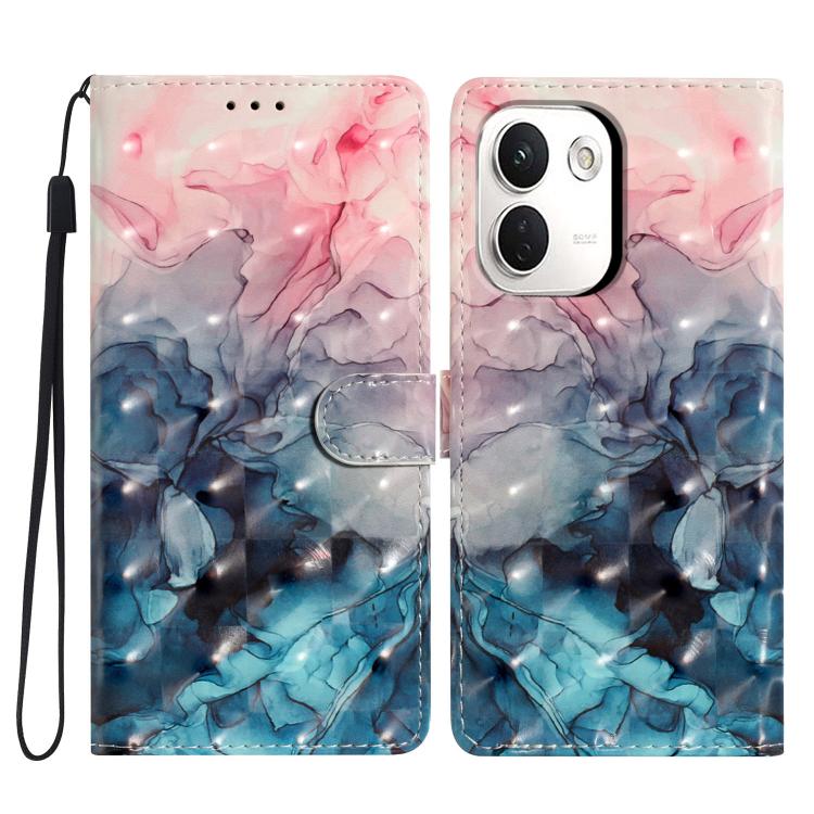 Leather-look phone case with 3D blue and pink marble cloud design, magnetic snap, wrist lanyard strap