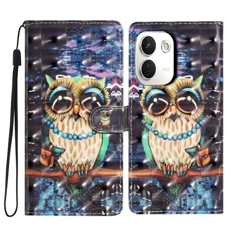 Wallet phone case with owl print, flip cover and wrist strap, 3D style