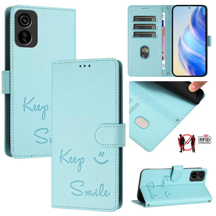 Aqua blue leather-style RFID folio phone case with smile and keep hand-drawn accents