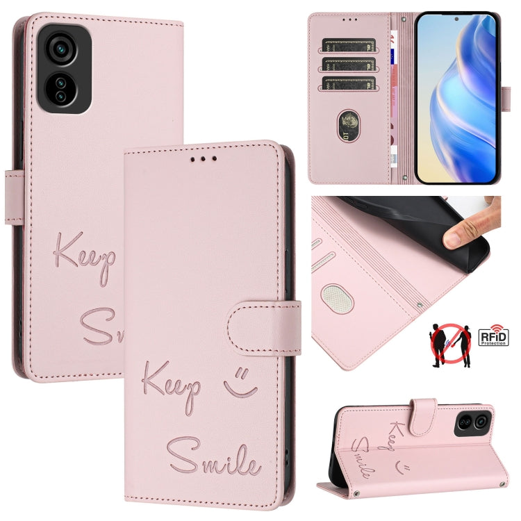 Light pink leather-style RFID folio phone case with smile and keep hand-drawn accents