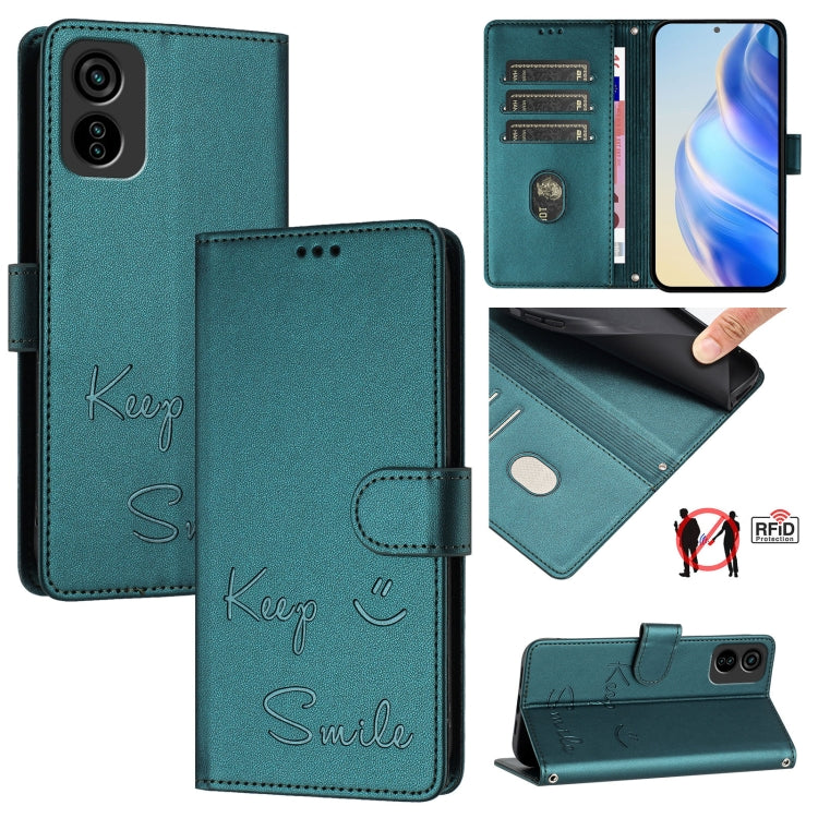 Mint green RFID leather phone case with folio cover and embossed “Smile” design