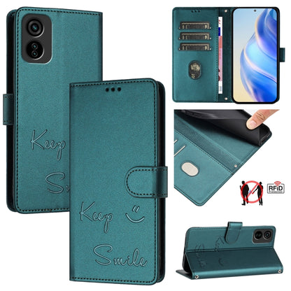Mint green RFID leather phone case with folio cover and embossed “Smile” design