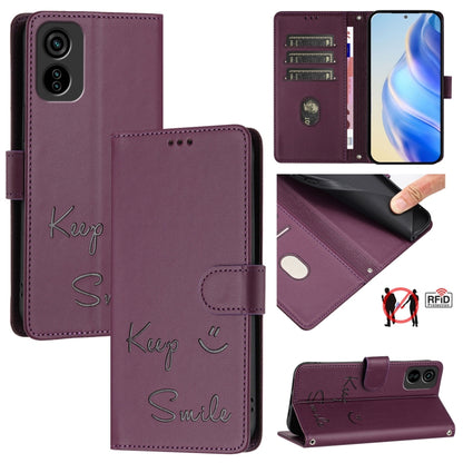 Plum purple RFID leather phone case with folio cover and embossed “Smile” design