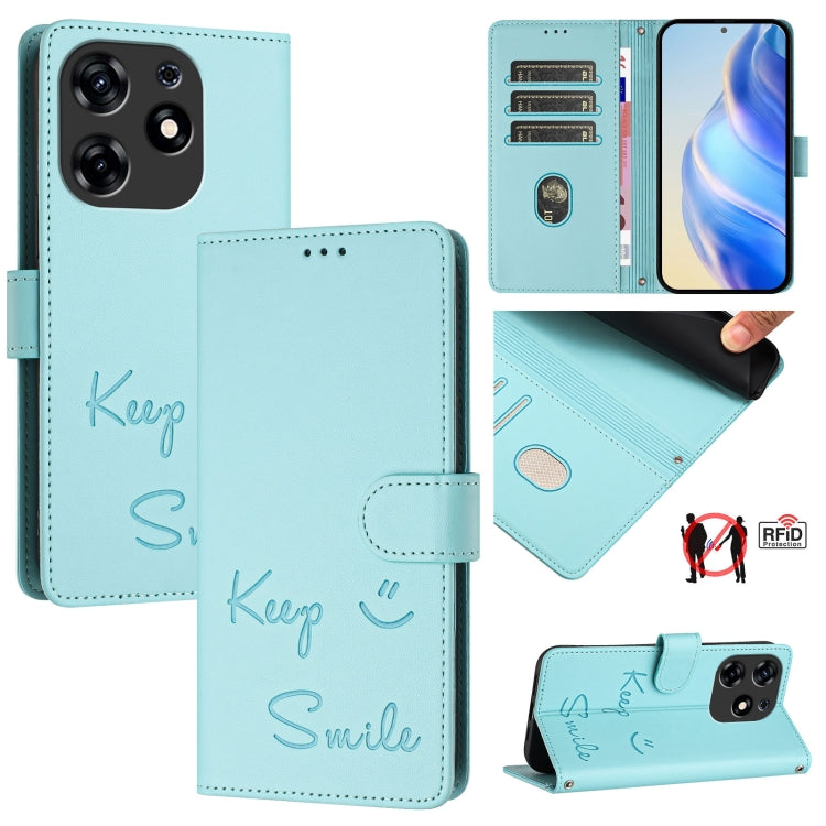 Light blue RFID leather phone case with folio cover and embossed “Smile” design
