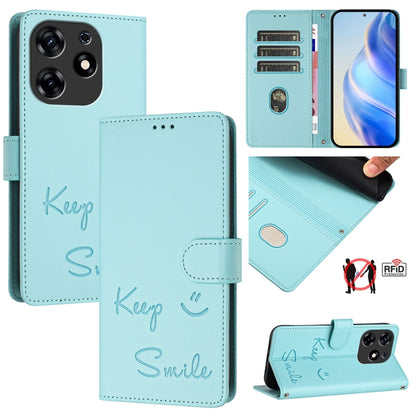 Light blue RFID leather phone case with folio cover and embossed “Smile” design