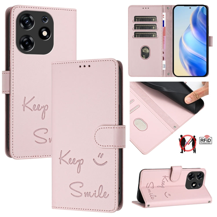 Pink RFID leather phone case with folio cover and embossed “Smile” design