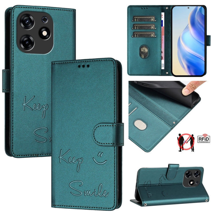 Teal RFID leather phone case with folio cover and embossed “Smile” design