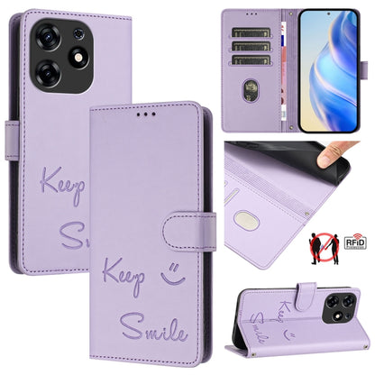 Lavender RFID leather phone case with folio cover and embossed “Smile” design