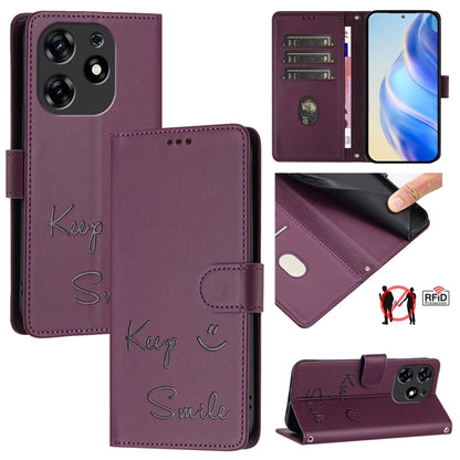 Dark plum RFID leather phone case with folio cover and embossed “Smile” design