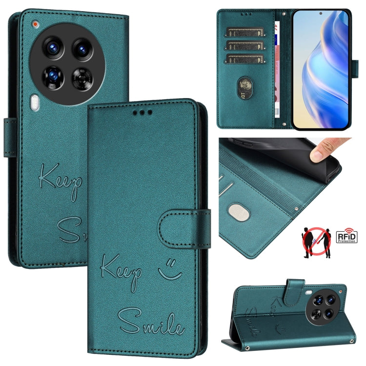 Teal RFID leather phone wallet case with card slots and smile embossing