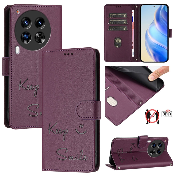 Burgundy RFID leather phone wallet case with card slots and smile embossing