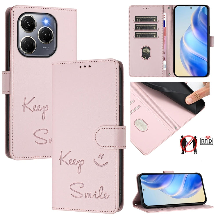 Pink leather-style RFID folio phone case with smile and keep hand-drawn accents