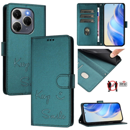 Teal leather-style RFID folio phone case with smile and keep hand-drawn accents