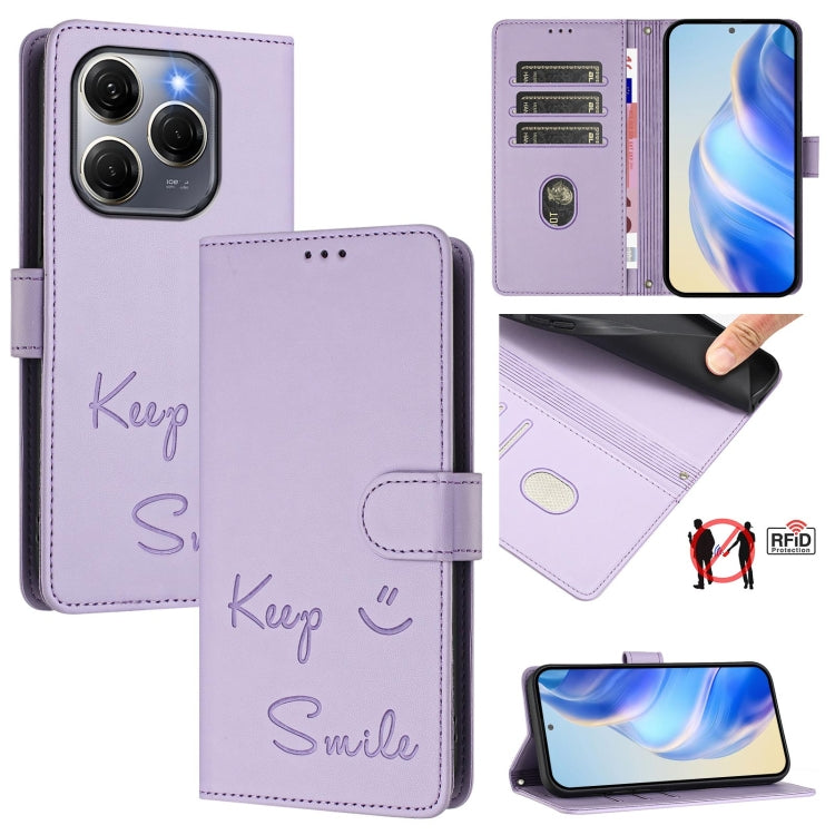 Lavender leather-style RFID folio phone case with smile and keep hand-drawn accents