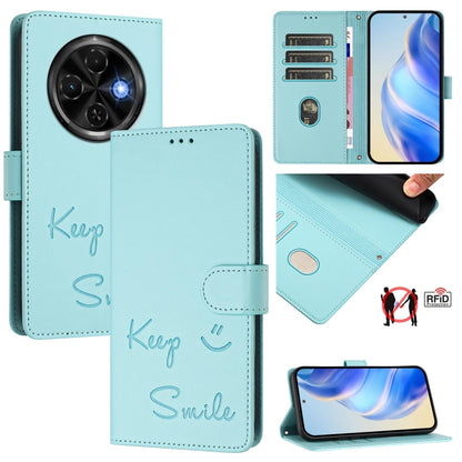 Aqua RFID leather phone wallet case with folio cover and “Keep Smile” embossed design
